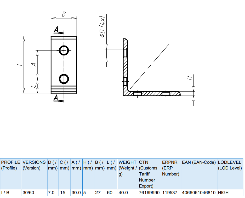 Connection angle 45x90, équerre, FATH